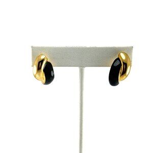 Vintage Carolee Black Enamel Clip-On Earrings Gold Tone Retro Statement Jewelry